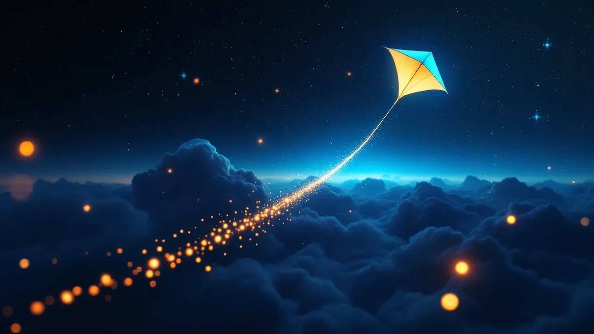 Glowing kite rising on a long thread