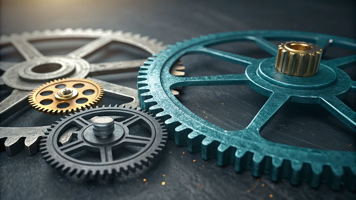 Teal, brass and steel gears lying on dark slate