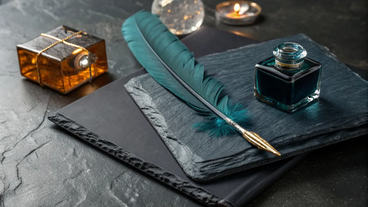 Quill, inkwell and a glowing glass cube on slate