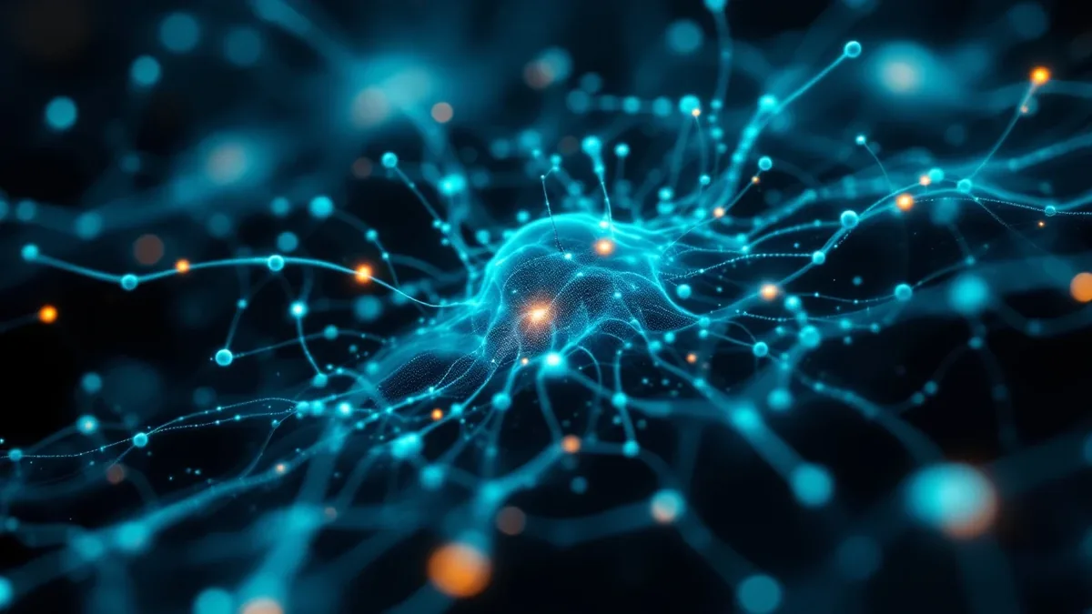 Web of glowing teal nodes joined by fine filaments