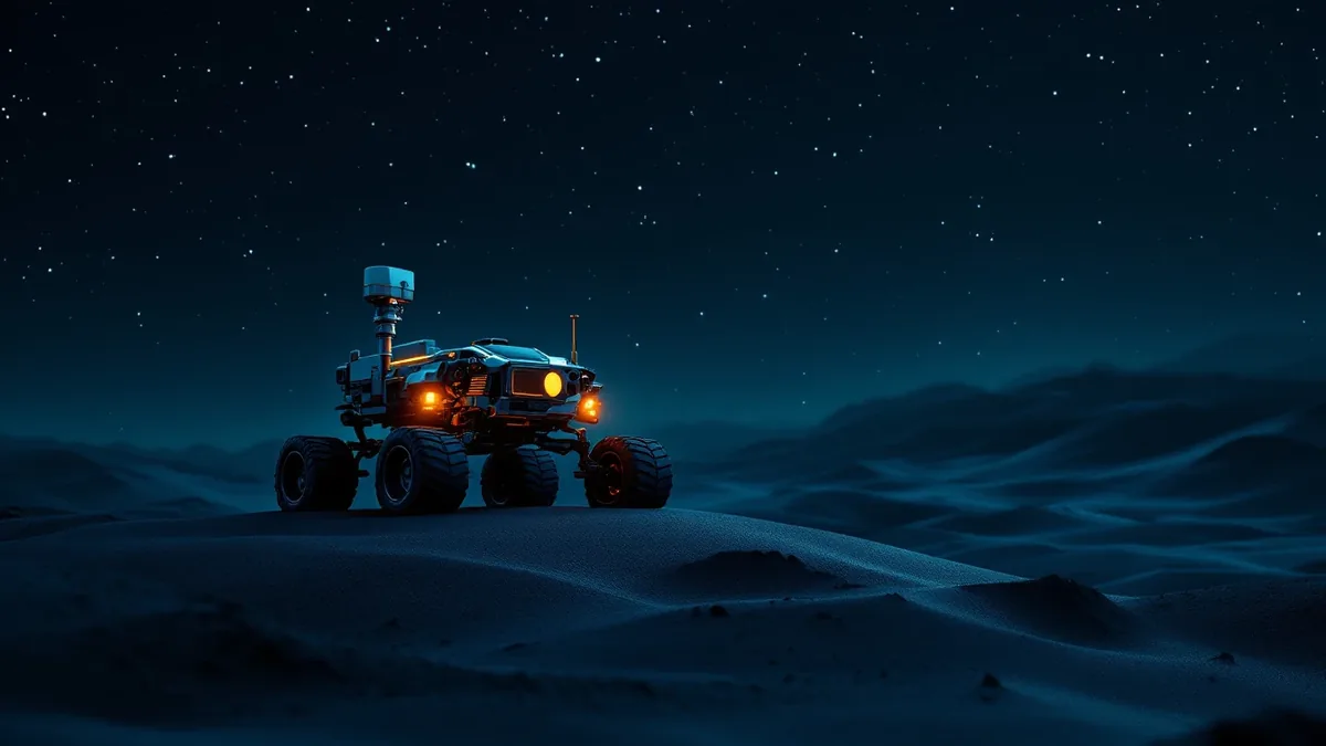 Wheeled rover on a dune under stars