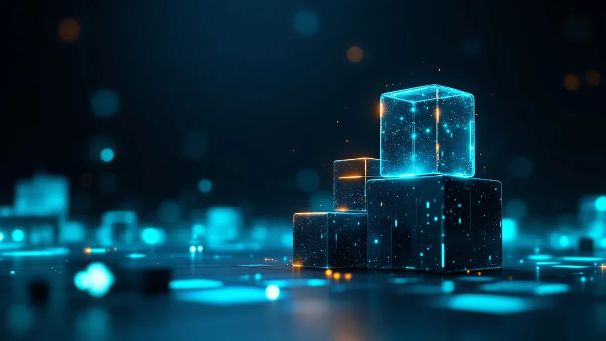 Glowing glass blocks stacked in a dark space