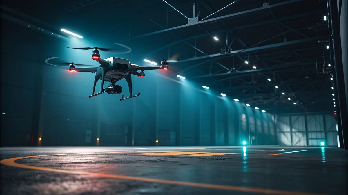Drone hovering in a dark hangar